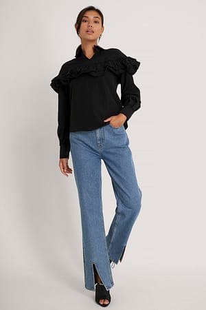 Black Bluse Med Rysjedetaljer