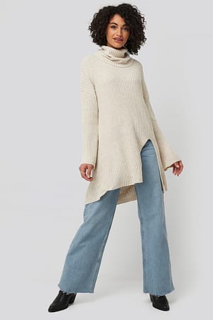Beige Front Slit Turtleneck Knitted Tunic