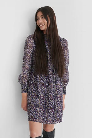 Multicolor High Collar Printed Dress