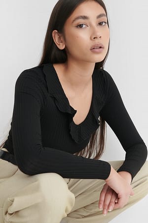 Black Ruffle Knit Top