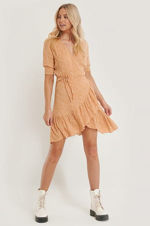 Camel Smock Detail Wrap Mini Dress