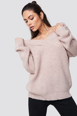 Powder Pink Wide V-Neck Glitter Knitted Jumper