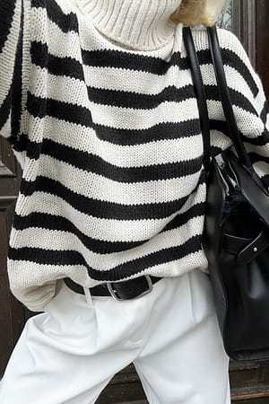 White/Black stripe Turtle Neck Knitted Striped Sweater