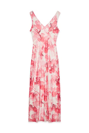 Pink Print Maxikleid aus Mesh mit V-Ausschnitt