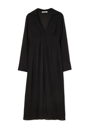Black Midikleid mit V-Ausschnitt und Knopfleiste
