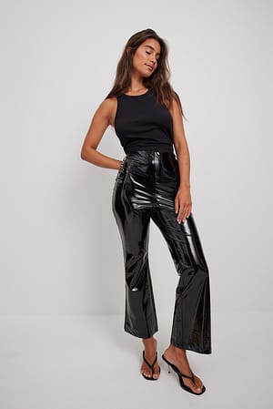 Black Vinyl Kick Flared Pants