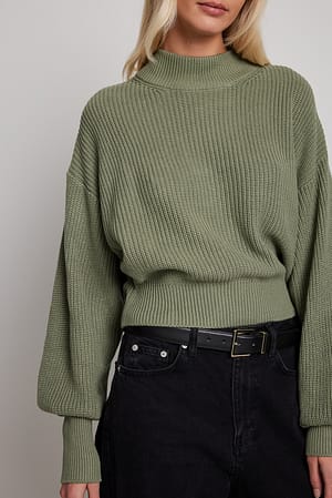 Khaki Volume Sleeve High Neck Knitted Sweater