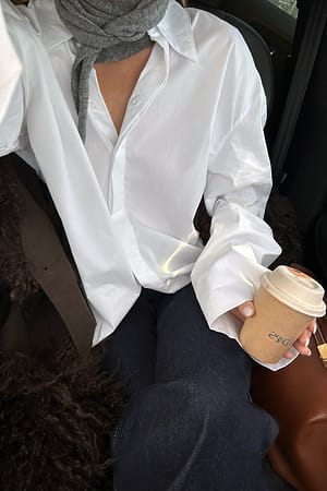 White Cuff Detail Oversized Cotton Shirt