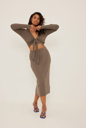 Brown Wide Rib Knitted Midi Skirt