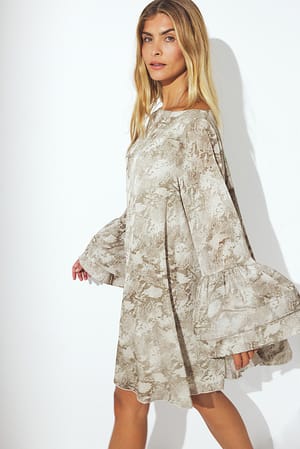 Snake Print Wide Sleeve Volume Mini Dress