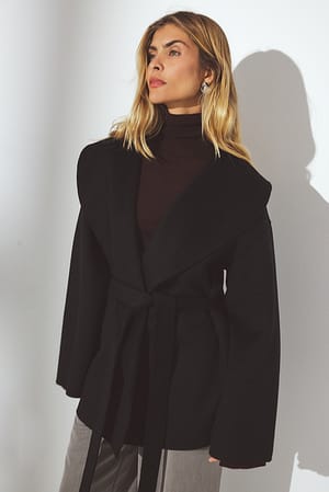 Black Manteau court en laine mélangée avec ceinture