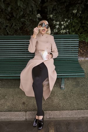 Beige Wool Blend High Neck Maxi Coat