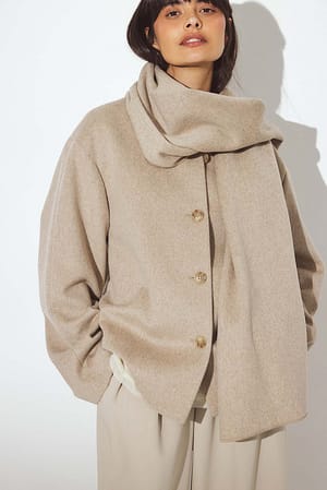 Beige Wool Blend Scarf Detail Short Coat
