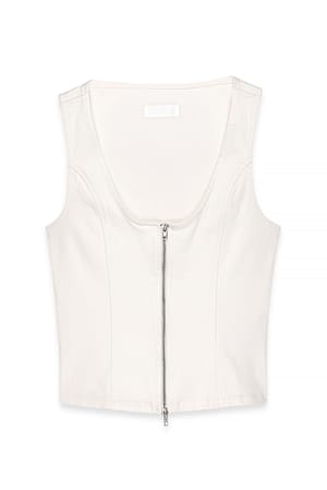 White Zip Detail Denim Top