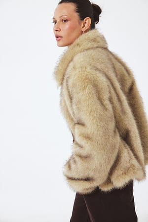 Beige Melange Chaqueta de piel sintética con cremallera