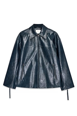 Blue Zip Detailed Faux Leather Jacket