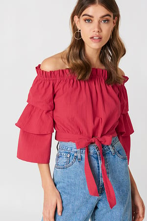 Red Off Shoulder Frill Sleeve Top