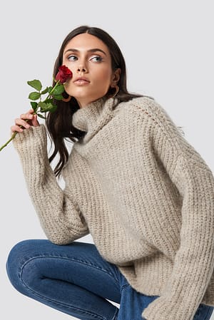 Beige Oversize Polo Knit Sweater