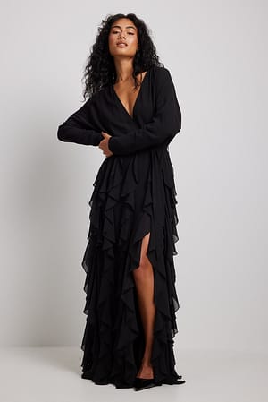 Black Maxi-jurk met volantdetails