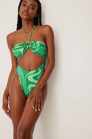 Green Print Badeanzug mit einem Ring-Detail