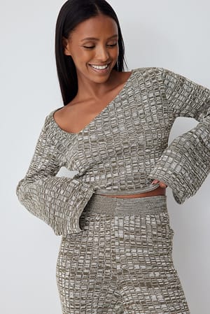 Khaki Melange-strikket sweater med kravedetalje