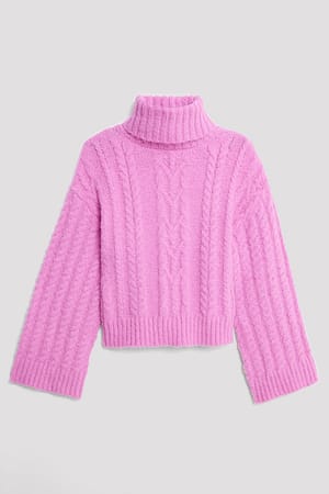 Pink Recht cropped kabelgebreide trui met hoge halslijn