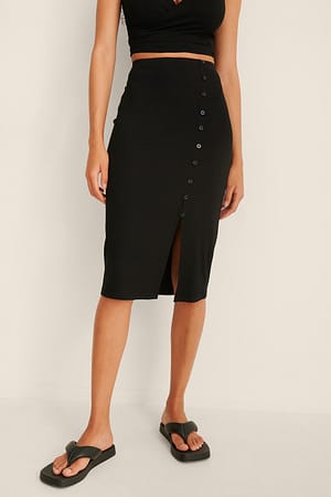 Black Button Detail Rib Skirt