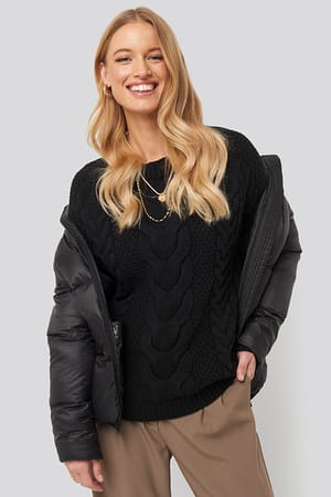 Black Cable Knitted Ribbed Sleeve Sweater