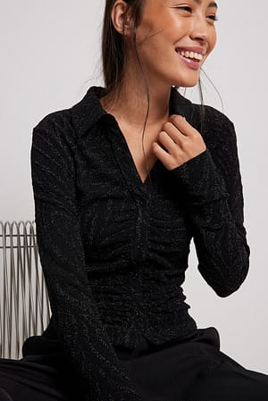 Black Collar Detail Rouched Glitter Top