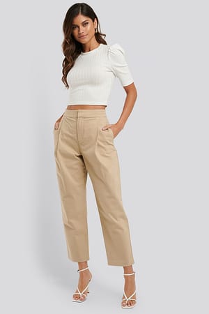 Beige Cropped Pleated Tapered Pants