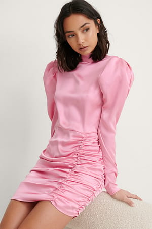Pink Draped Puffy Sleeve Dress