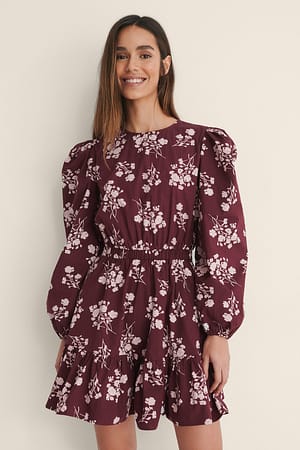 Burgundy/Beige Sukienka Koszulowa, Elastyczna Talia, Długi Rękaw