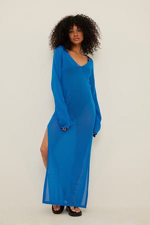 Blue Fijngebreide maxi-jurk met kraag