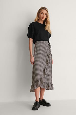Multi Colour Print Slå-om-nederdel med flæser
