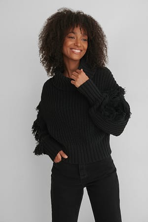 Black Fringed Detail High Neck Knitted Sweater