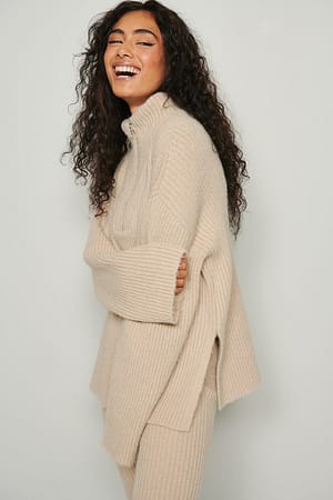 Beige Half Zip Ribbed Knitted Sweater