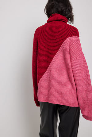 Red/Pink Camisola em malha diagonal com efeito color block