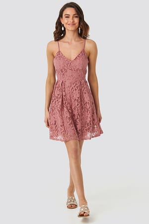 Rose Pink Lace Strap Mini Dress