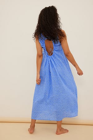 Blue Dash Flower Midi-jurk met open rug van biologisch katoen