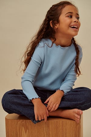 Forever Blue Organic Ribbed Detail Long Sleeve Mini Top