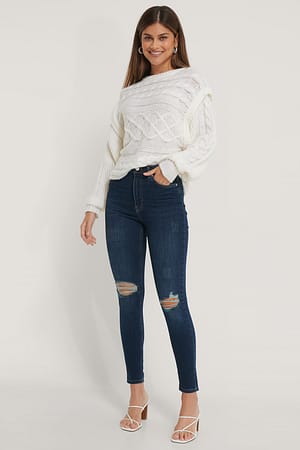 Dark Blue Skinny Jeans mit hoher Taille Used-Look