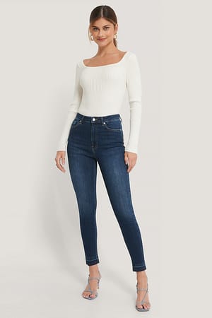 Dark Blue Organische skinny jeans met hoge taille en open zoom