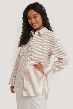 White/Beige Stripe Oversized Cotton Pocket Shirt