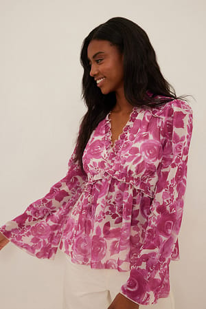Red/Pink Roses Printed Frill Detail Chiffon Blouse