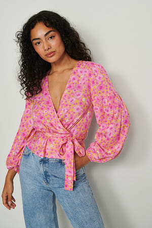 Orange/Pink Flower Blusa envolvente estampada