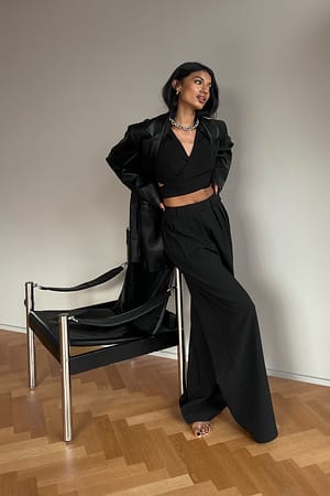 Black Recycled Pleated Wide Leg Suit Pants