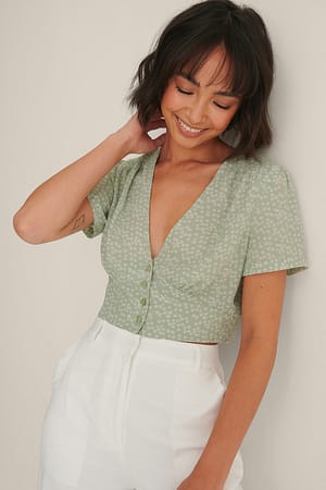Dusty Green White Floral Recycled V-neck Short Sleeve Top