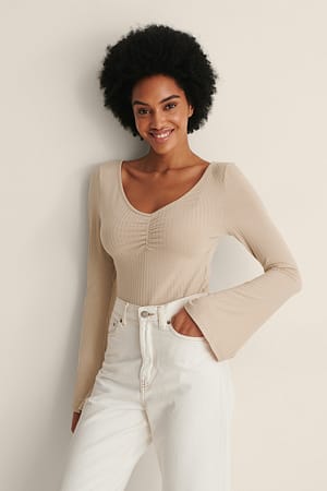 Beige Recycled Front Rouched Trumpet Sleeve Top