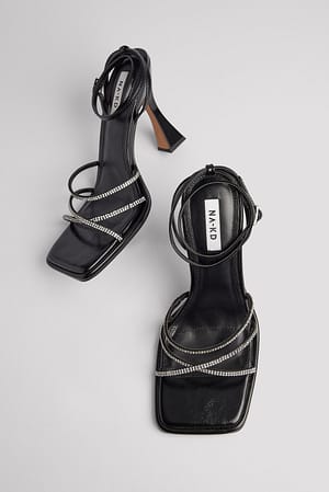 Black/Silver Sapato de salto com strass e biqueira quadrada