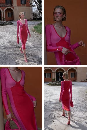 Red/Pink Kleurgeblokte midi-jurk